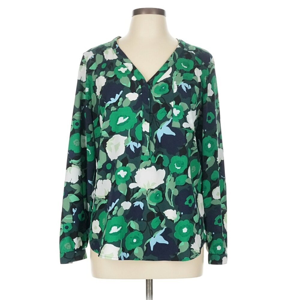Merona Women's Size XL Popover Blouse Navy Blue Green White Floral Long Sleeve